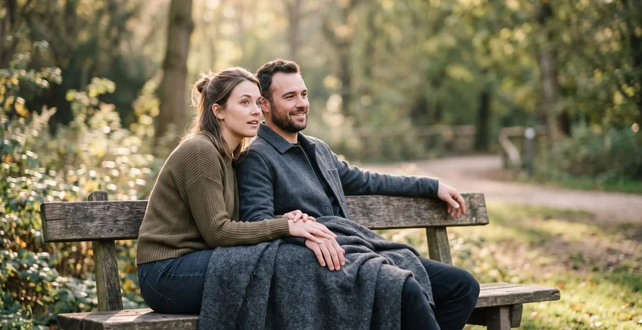 Deux silhouettes assises côte à côte sur un banc, chacune tournée dans une direction différente mais reliées par un même plaid, symbolisant l'acceptation des différences dans le couple