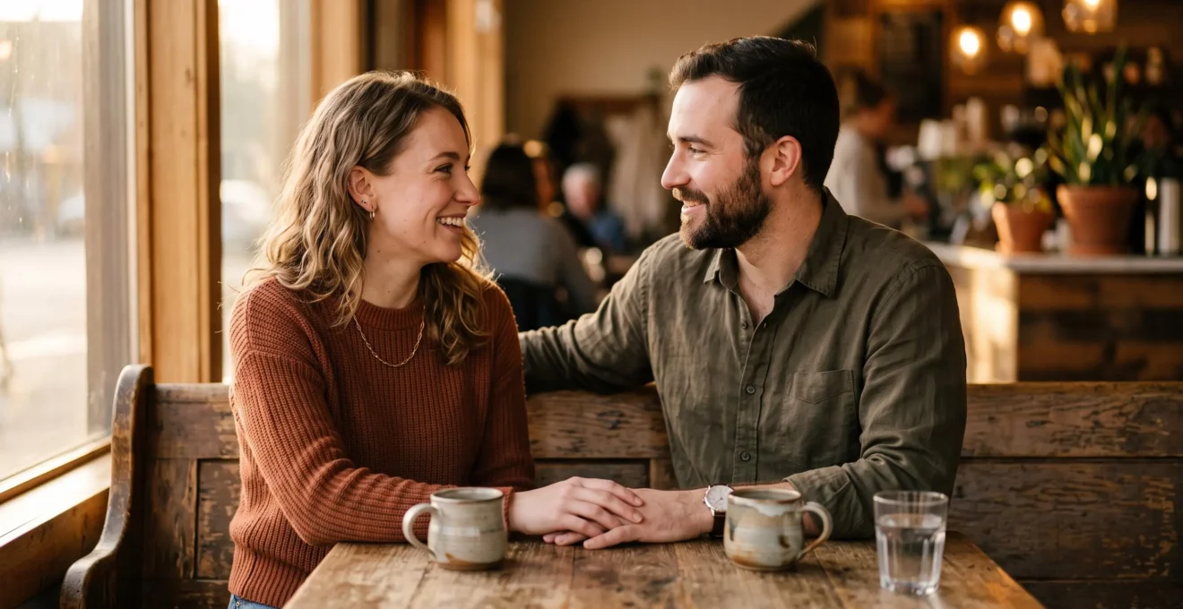 Couple en pleine conversation authentique, gestes et regards alignés avec les mots échangés