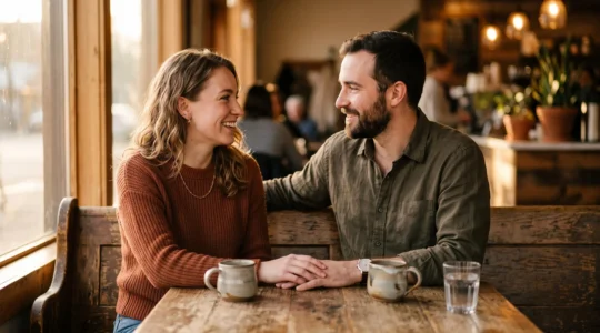 Couple en pleine conversation authentique, gestes et regards alignés avec les mots échangés