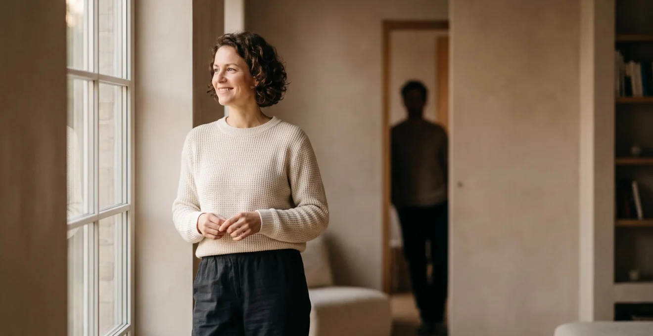 Une personne souriante et sereine se tenant seule face à la lumière, avec en arrière-plan flou la silhouette de son partenaire, symbolisant un bonheur individuel qui ne dépend pas entièrement de l'autre