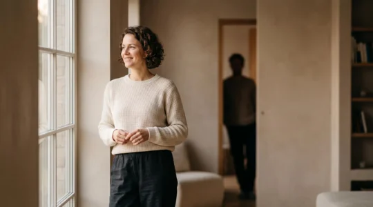 Une personne souriante et sereine se tenant seule face à la lumière, avec en arrière-plan flou la silhouette de son partenaire, symbolisant un bonheur individuel qui ne dépend pas entièrement de l'autre