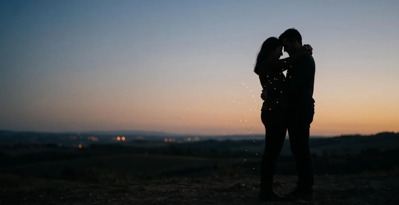 Silhouette d'un couple enlacé dans la pénombre, symbolisant les connexions neuronales de l'amour naissant