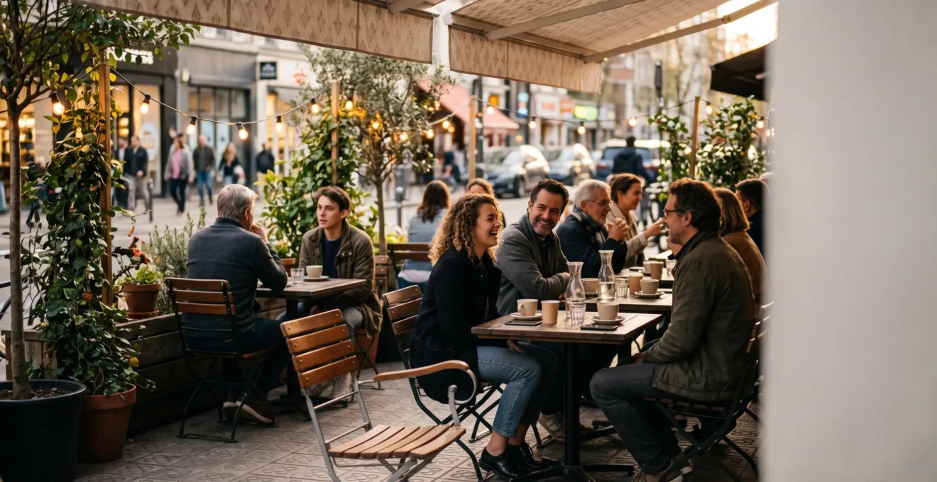 Terrasse de café animée en fin de journée, illustrant la diversité des lieux propices aux rencontres entre célibataires