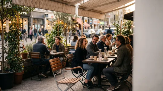 Terrasse de café animée en fin de journée, illustrant la diversité des lieux propices aux rencontres entre célibataires