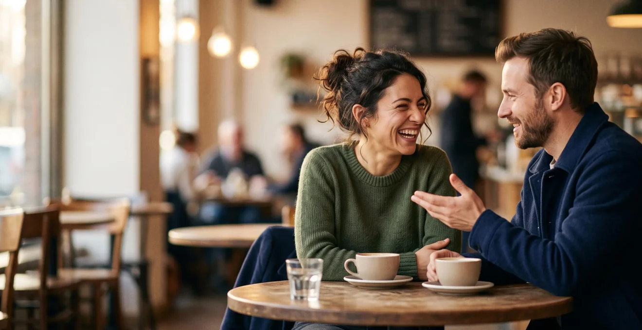 Deux personnes souriantes penchées l'une vers l'autre lors d'une conversation sincère dans un café chaleureux