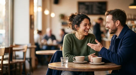 Deux personnes souriantes penchées l'une vers l'autre lors d'une conversation sincère dans un café chaleureux