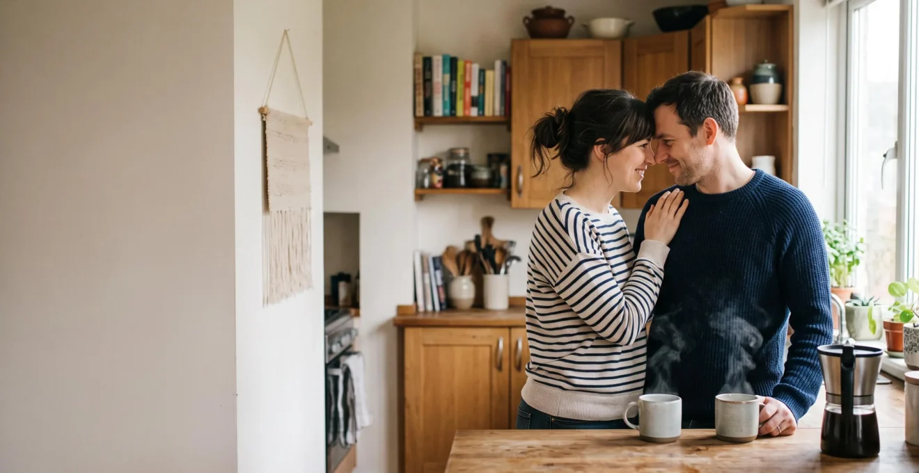 Couple d'âge mûr partageant un moment de complicité silencieuse dans une cuisine baignée de lumière naturelle, illustrant la connexion profonde après dix ans de vie commune