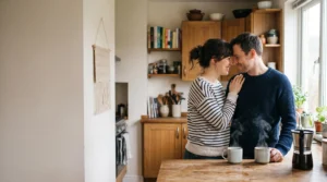Couple d'âge mûr partageant un moment de complicité silencieuse dans une cuisine baignée de lumière naturelle, illustrant la connexion profonde après dix ans de vie commune