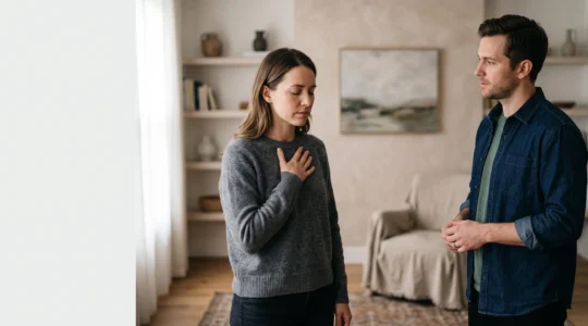 Un couple face à face dans une lumière douce, un des partenaires respire profondément pour retrouver son calme avant de répondre