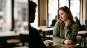 Silhouette d'une personne dont la posture et les mains révèlent une émotion intérieure cachée