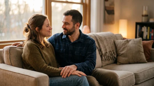 Un couple assis face à face dans une lumière douce, engagé dans une conversation sincère et calme, symbole d'une communication apaisée