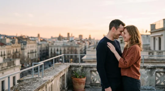 Couple souriant partageant un moment complice et lumineux, symbole d'un amour qui continue de grandir