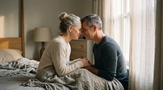 Couple d'âge mûr partageant un moment de complicité tendre et intime, symbole d'une sexualité épanouie sur la durée