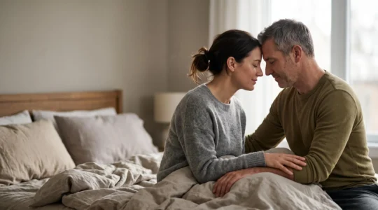 Couple mature partageant un moment de tendresse silencieuse, symbole de la redécouverte du désir après plusieurs années de vie commune
