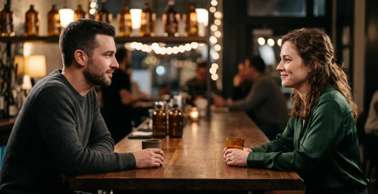 Deux personnes échangeant un regard intense dans un lieu public, symbolisant l'instant de connexion avant de se dévoiler