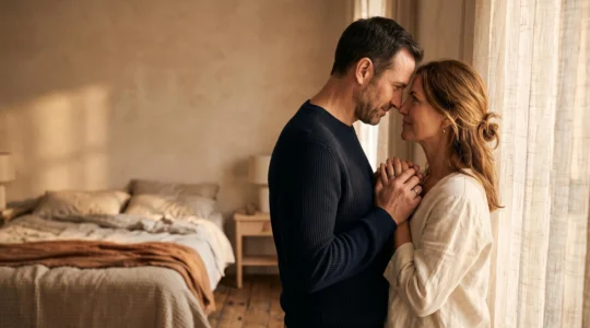 Un couple enlacé dans une lumière chaude et intime, symbolisant le renouveau du désir après des années de routine