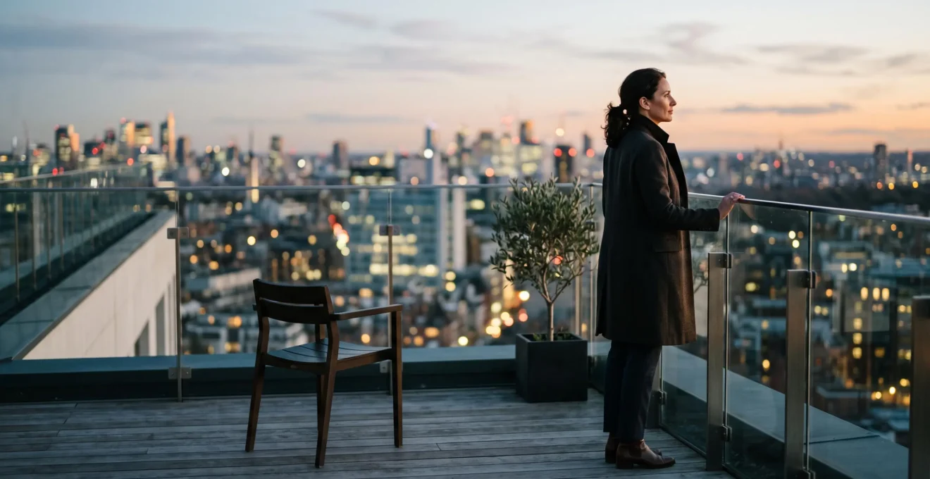 Un professionnel accompli regarde au loin depuis un balcon, symbolisant la réussite de carrière contrastant avec un vide relationnel