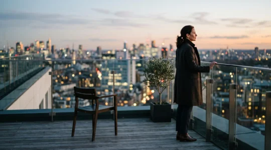 Un professionnel accompli regarde au loin depuis un balcon, symbolisant la réussite de carrière contrastant avec un vide relationnel