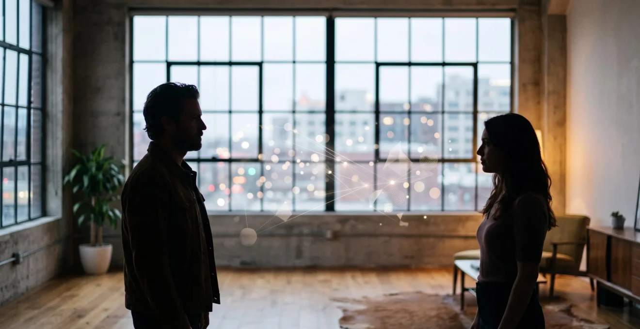 Deux silhouettes de profil face à face séparées par un jeu de lumière abstrait évoquant une connexion numérique incertaine