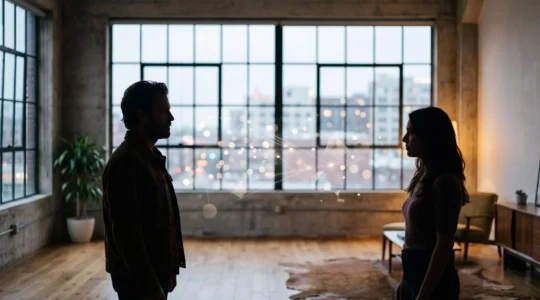 Deux silhouettes de profil face à face séparées par un jeu de lumière abstrait évoquant une connexion numérique incertaine