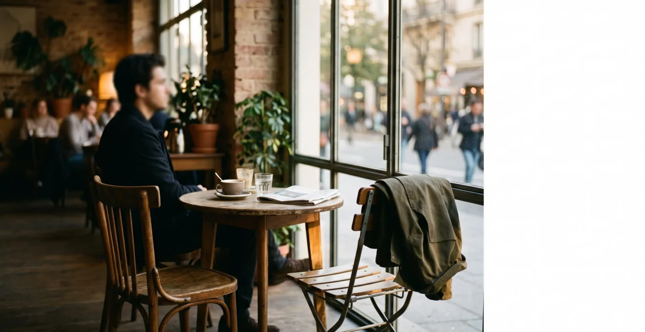 Une personne assise seule à une table de café avec deux chaises, symbolisant l'attente et la promesse d'une rencontre réelle née d'un échange numérique