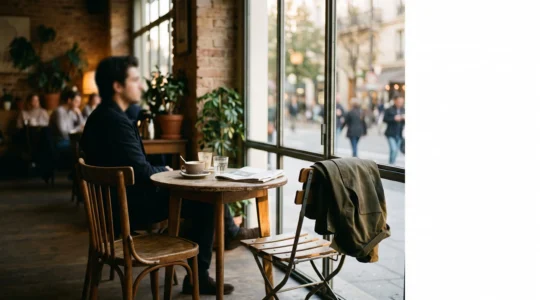 Une personne assise seule à une table de café avec deux chaises, symbolisant l'attente et la promesse d'une rencontre réelle née d'un échange numérique